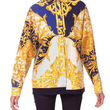 1990S Versus Gianni Versace Blue  White Cotton Twill Gold Baroque Printed Long Sleeve Shirt 
