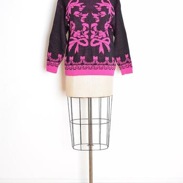 vintage 80s sweater black fuchsia sparkly metallic bows jumper top shirt M clothing 