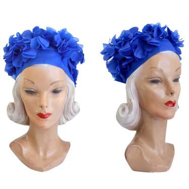 1960s Cobalt Blue Nylon Fluffy Petal Headscarf - 1960s Blue Head Scarf - 1960s Petal Bandana - 1960s Fluffy Petal Hat  - 1960s Headscarf 