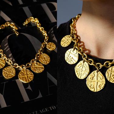 Vintage 80s Monet Signed Gold Coin Charm Choker Necklace | Statement Piece, Chunky Layering Necklace | 1980s Designer Jewelry 