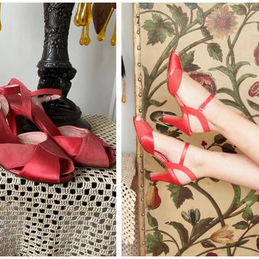 1930s Heels // Red Satin Peep Toe Heels // vintage 30s heels 