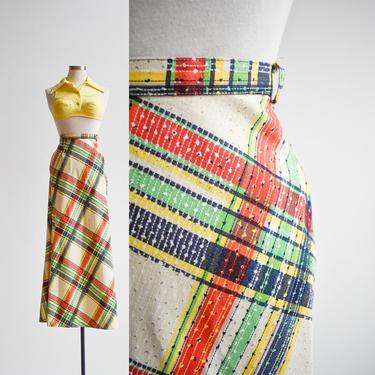 1970s Primary Plaid A Line Maxi Skirt 