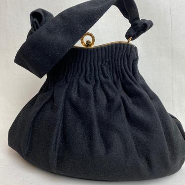 1940’s wristlet handbag Gold frame black wool kiss lock gathered pleats Guild Original Pinup 40’s rockabilly glam vintage handbag soft shell 