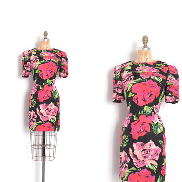 Vintage 1980s Dress / 80s Rose Print Silk Mini Dress / Black Pink ( S M ) 