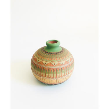 Vintage Carved Green and Terra Cotta Navajo Pottery Vase 