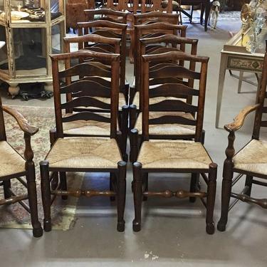 English Country Farm Provincial Dining Side Chairs w/Rush Seats | Set of 10