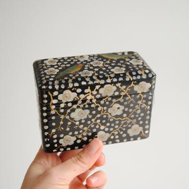 Vintage Lacquered Playing Card Box, Paper Mache Floral Painted Box with Lid, Japanese Lacquered Box 