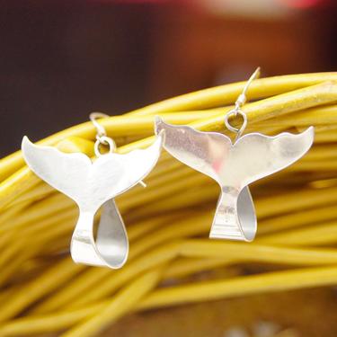 Vintage Sterling Silver Whale/Dolphin Tail Dangle Earrings, Minimalist Silver Fish Hook Earrings, Aquatic Life Jewelry, Kuhl Sterling, 925 