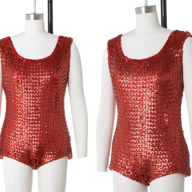 Vintage 1960s Leotard | 60s Metallic Red Sequin One Piece Bodysuit Showgirl Burlesque Costume (small/medium) 