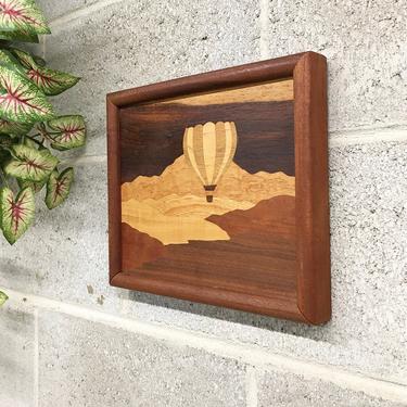 Vintage Marquetry Wood Inlay Retro 1990s Handmade + Hot Air Balloon + Landscape + Size 11 x 9 + Wall Hanging + Wooden Art + Home Decor 