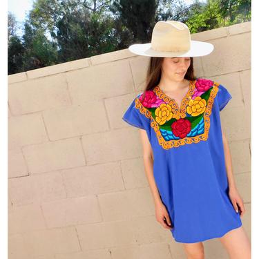 Mexican Tunic // vintage cotton boho hippie Mexican embroidered dress hippy blouse mini dress blue sun 70s // O/S 