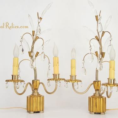 PAIR bronze curved and cut crystal table lamps, circa 1920s