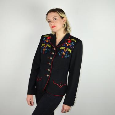 Vintage 90s Hairston Roberson Blazer Western Military Jacket 80s 1990s 1980s Shoulder Pads Black Embroidery Small Medium 