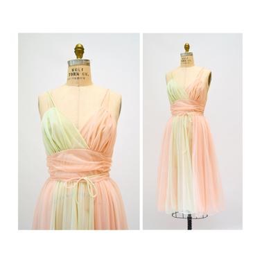 1960s 60s Vanity Fair Vintage Nightgown Nighty Dress Camisole Small Medium Pink Green Sheer Wedding Honeymoon Nightgown Slip Dress 