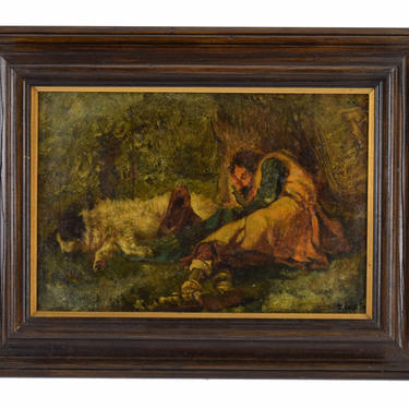 19th Century Oil Painting Shepherd Napping Under Tree with Scruffy Dog 
