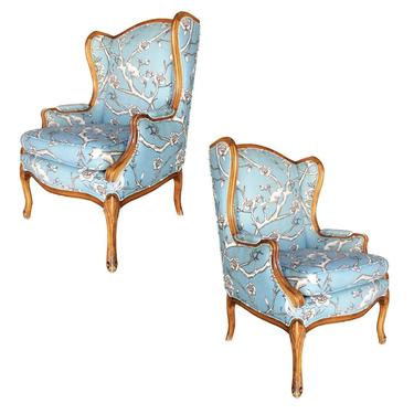 Louis XV French Country Style Hand Carved Walnut Wing Back Chair, Pair 