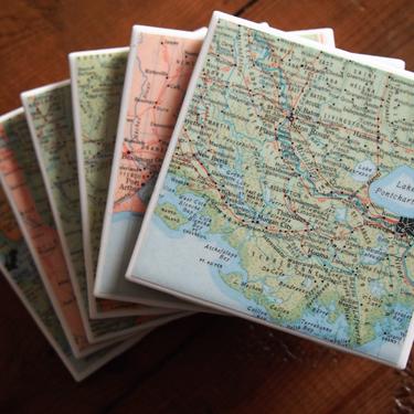 1949 Louisiana Vintage Map Coasters - Ceramic Tile Set of 6 - Repurposed 1940s Rand McNally Atlas - Handmade - State Map - New Orleans LA 
