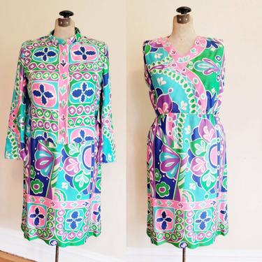 1960s Pucci Style Silk Dress Suit Psychedelic Print /60s Sleeveless Shift Dress Boxy Jacket Jeweled Buttons / Chas A Stevens Nat Kaplan / L 
