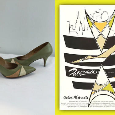 Colour Abstracts - Vintage 1961 Palizzio Artichoke Green Cream Apricot Pear Leather Pointed Toe Pumps Heels 