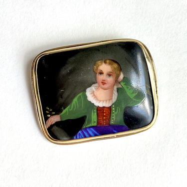 Charming Antique Victorian Painted Porcelain Silver Gilt Brooch Seated Woman 