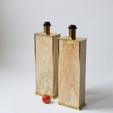 PAIR of SELECTED MARBLE table lamp with  pure tick brass trim mid century 1970 era (price is for pair) 