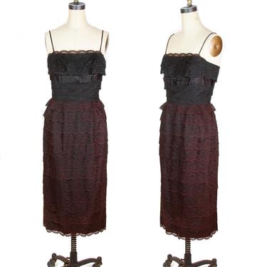 1950s Dress ~ Black and Burgundy Lace Wiggle Cocktail Dress 