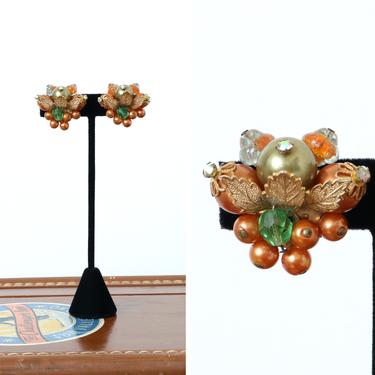 vintage 1950s orange & olive green clips • gold leaf glass beaded cluster earrings with rhinestones 