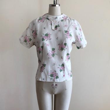 White and Light Pink/Purple Floral Print Blouse - 1950s 