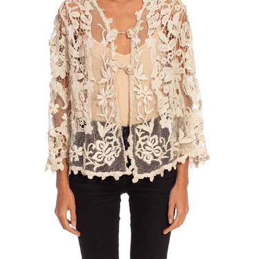 Victorian Off White Needle Lace Long Sleeve Jacket With Flower Hooks 