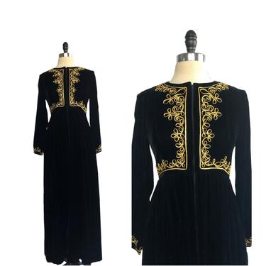 Vintage 70s black velveteen dress with gold soutache embroidery| Saks Fifth Avenue 