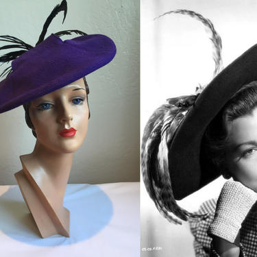 She Was an English Violet - Vintage 1940s Plum Purple Wool Knit Pancake Hat w/Black Feathers 