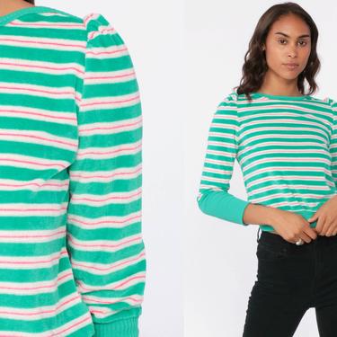 Velour Puff Sleeve Sweatshirt 80s Striped Sweatshirt Ringer Shirt Boat Neck Green Slouchy Sweater Pullover Pink 1980s Extra Small XS 
