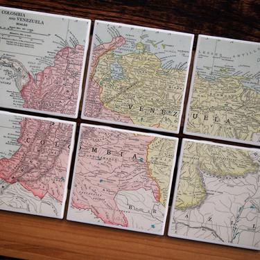 1913 Colombia & Venezuela Handmade Repurposed Vintage Map Coasters Set of 6 - Ceramic Tile - From 1910s Rand McNally Atlas - Actual Map Used 