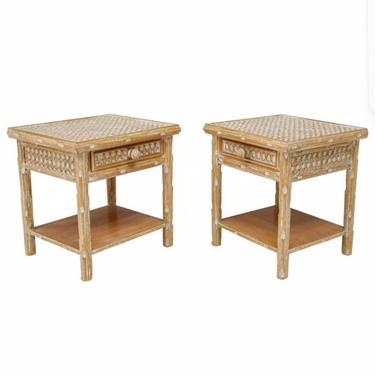 Vintage Rustic Distressed White Washed Cane-Top Nightstand Tables - A Pair 