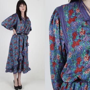 Vintage 80s Diane Fres Dress / Womans Diane Freis V Neck Dress / Tulip Split Skirt / 1980s Designer Dress / Blue Floral Ruffle Maxi Dress 