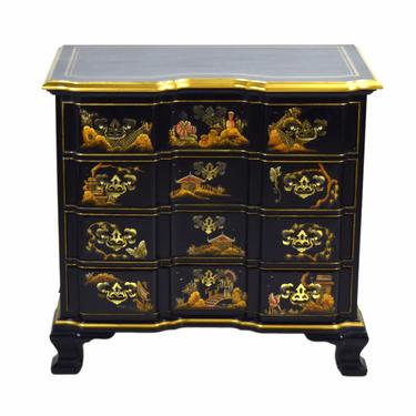 Fine Chinese Chippendale Black Lacquer w Chinoiserie Chest of Drawers Nightstand 