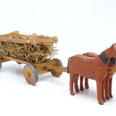 Antique German Erzgebirge Wagon with Horses,  Vintage Toy Christmas Putz Cart 