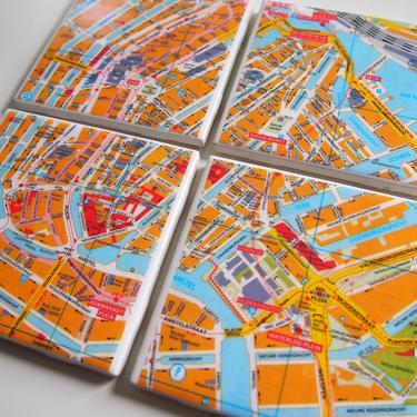 Amsterdam Netherlands Handmade Map Coasters - Ceramic Tile Coasters Set of 4 - Repurposed Falkplan-Suurland Map - One of a Kind 