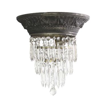1920s Crystal Cake Chandelier with Floral Cast Brass Fitter