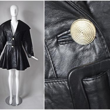 vtg 80s Global Identity GIII black leather peplum waist princess coat w/ wide belt | 1990s 80s | size Large L gold button G3 G-III 