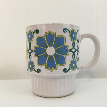 Vintage Floral Stoneware Glazed Pottery Mug 1970s Green Blue Boho Royal Sealy Japan Mid Century Modern MCM Flowers Stacking Retro 