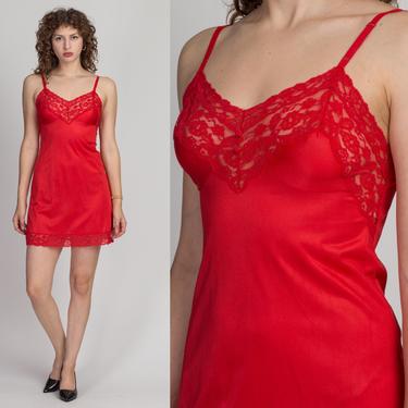 70s Red Lace Trim Slip - Small | Vintage Kayser Lingerie Mini Dress 