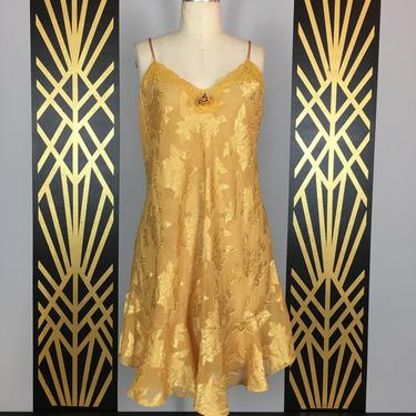 1980s nightie, vintage lingerie, yellow satin, size large, flapper style, 80s does 20s, vintage nightgown, honors, spaghettie strap, a-line 
