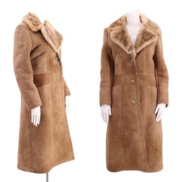 70s suede SHEARLING coat sz 8-10 / vintage 1970s tan neutral shearling fur trim tailored COAT jacket M 