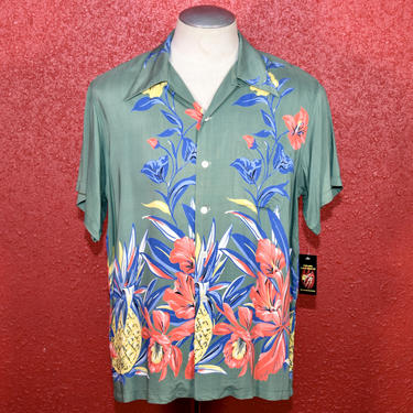 1950s Rayon Duke Kahanamoku Pineapple Border Print Hawaiian Shirt 