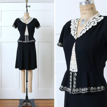 vintage 1930s peplum dress • black & white rayon crepe with soutache and lace midriff peek-a-boo charmer 