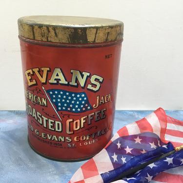Antique Coffee Tin, Evans American Jack Roasted Coffee, By David E. Evans Coffee Co. St. Louis, Red White Blue, Coffee Lovers, American Flag 
