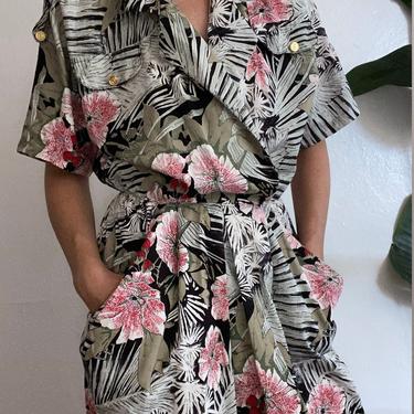 vintage botanical print cotton summer dress with pockets / size large - xl 