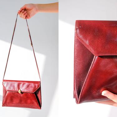 Vintage 70s Morris Moskowitz Mahogany Shiny Leather & Reptile Skin Envelope Shoulder Bag w/ Brass Artichoke Clasp | 1970s Designer Purse 