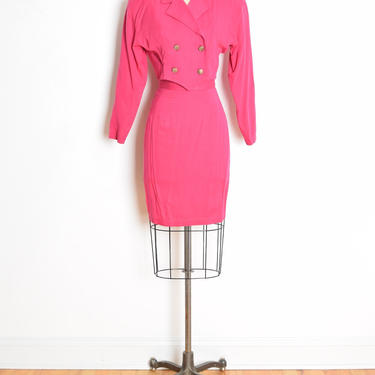 vintage 80s skirt jacket set high waisted pencil cropped top suit outfit XS clothing magenta 